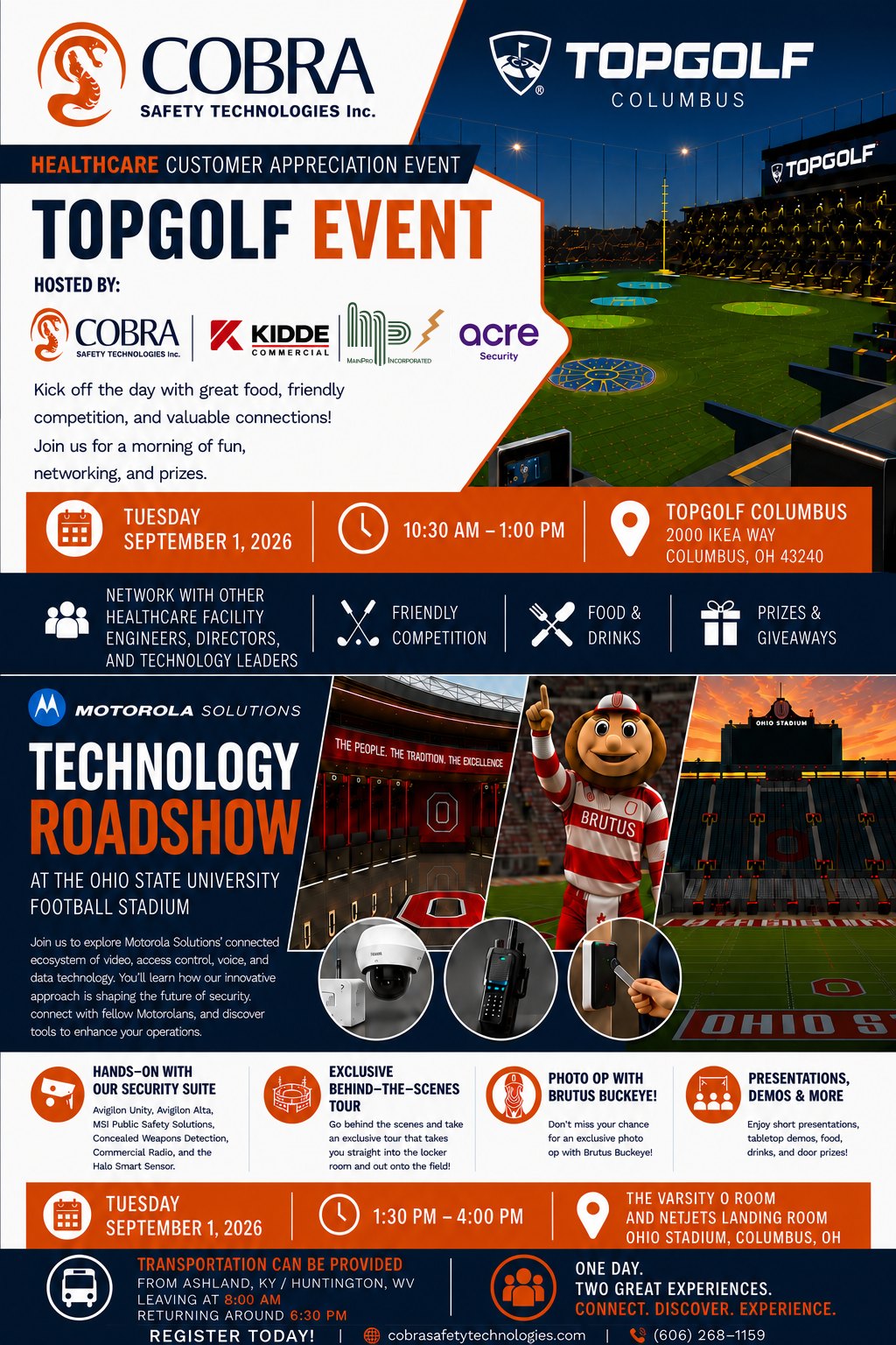 Event flyer: Healthcare Customer Appreciation Event. Topgolf Columbus, Tuesday September 1 2026, 10:30 AM to 1:00 PM, 2000 Ikea Way, Columbus OH 43240. Motorola Solutions Technology Roadshow at the Ohio State University football stadium, 1:30 PM to 4:00 PM, the Varsity O Room and NetJets Landing Room. Hosted by Cobra Safety Technologies, Kidde Commercial, MainPro Incorporated and ACRE Security. Transportation can be provided from Ashland KY and Huntington WV, leaving 8:00 AM and returning around 6:30 PM.
